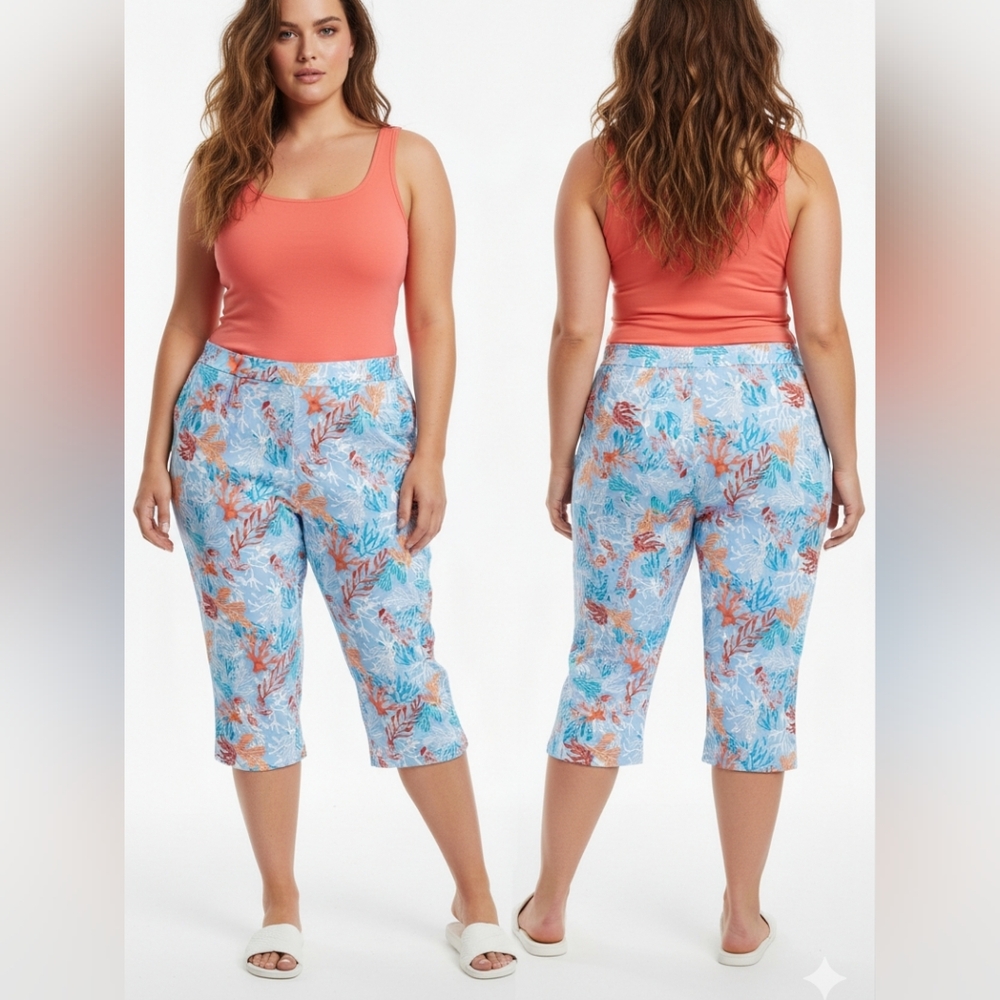 New Sport Savvy Floral Reef Capri Pants Cotton Spandex Plus Size 5XP